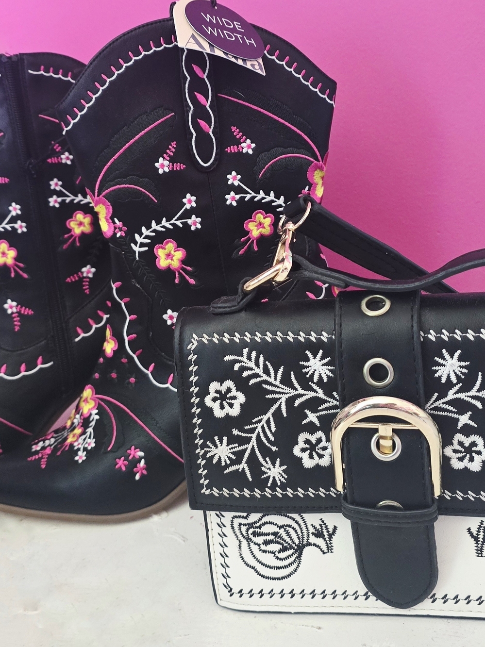 ARULA Black Heeled Boots with Pink & Yellow Floral Embroidery